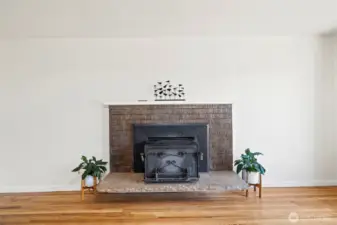 Wood burning stove in living room.