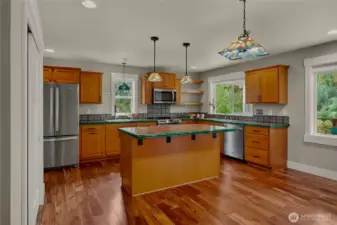 Wonderful kitchen that enjoys views of the back and side yards mature trees and beautiful lawn area.