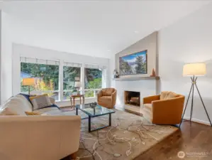 Comfortable Living Room w/fireplace, Marble Tile Mantel $ Huge Windows