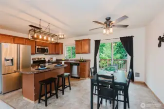 Kitchen with island and dining room