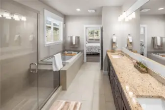 Slab granite vanity with dual sinks, tile floors, a huge walk in shower and designated soaking tub have you feeling like you are in a spa.