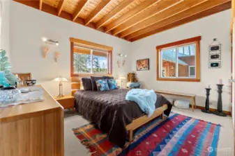 Primary bedroom on main level of home is a quiet and relaxing. Good natural light. Carpeted. Large closet. High 9 ft ceilings of wood reflection to saturate the room with warm beauty.