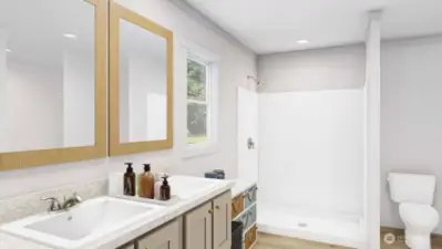 Primary bath w/ lrg walk-in shower and lrg walk-in closet