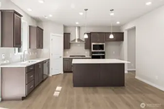Quartz counters, walk-in pantry, gas cooktop, gourmet hood-vent, built in oven & microwave, dishwasher, large breakfast island, and soft close cabinets all included. Photo is representational. Home is under construction and finishes, features, and colors may vary. See site agent for details.