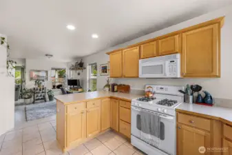 Looking from the kitchen towards the dining area or office space.