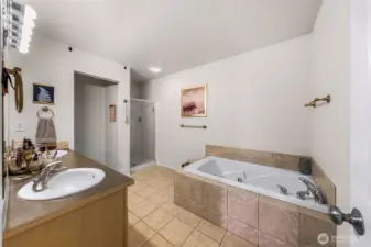Ensuite primary bath with jetted tub, dual sinks, separate shower and private toilet.