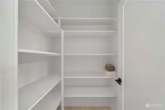 Large pantry with wood shelving.