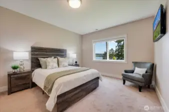 LL guest suite includes walk-in closet and full bath. Mounted TV conveys.