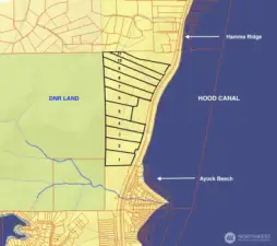 Overhead map view of all 11 lots - bordered by Ayock Beach, Hamma Ridge, DNR Land, and Hwy 101