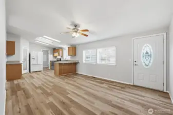 Skylights and vaulted ceilings make the space open, bright, and inviting.