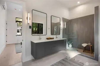 Heated tile floors in studio ensuite bath