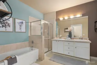 Spacious 5 piece primary bath with a soaking tub.