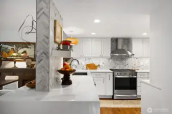 The quartz counter wraps around the entire layout of the kitchen, providing ample prep and countertop storage space.