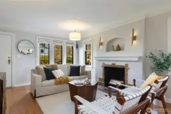 Gracious living room with lovely flow into kitchen.