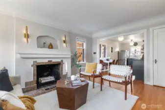 Gracious living room with lovely flow into kitchen.