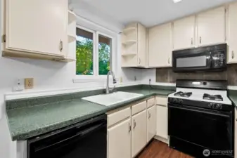 Cozy kitchen features tons of storage, a gas range, even a garbage disposal!