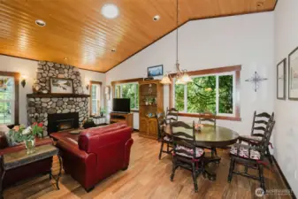 Living Room with vaulted white pine ceilings