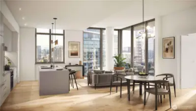 Rending of living room for similar home.