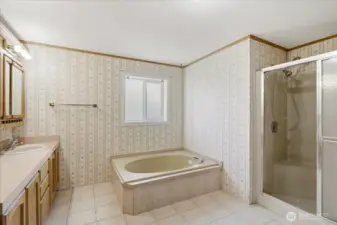 Primary bathroom with extra-large soaking tub and walk-in shower shower.