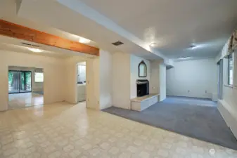 Lower level rec room with fireplace.