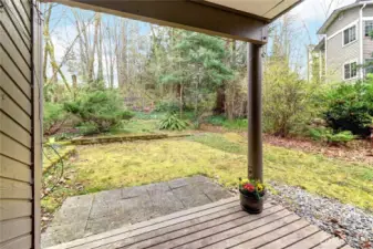 Looking out the slider to the private green belt backyard