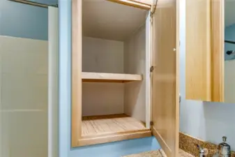 The second bathroom has a convenient, deep storage cabinet.