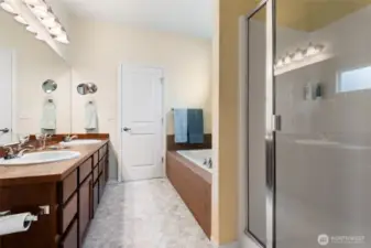 Shower and soaking tub on right