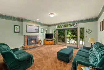 Spacious family room adjacent to the kitchen and eating area.