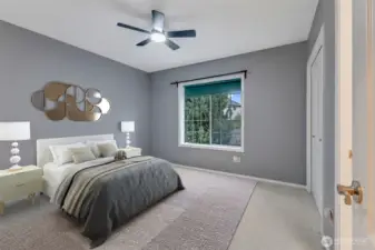 Upstairs second bedroom, virtually staged.