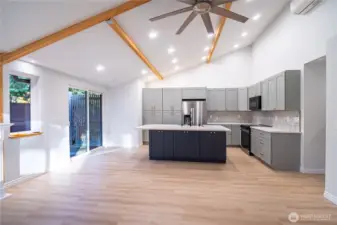 Bright with lots of light, vaulted open beam ceilings