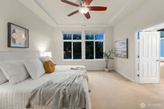 Ceiling fan for warm summer nights, extended height windows with black out blinds, and french doors to primary 5 piece bath.