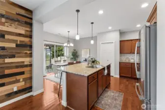 Kitchen just off living area with sliding doors to the back yard and patio.