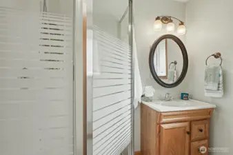 3/4 bathroom off of the kitchen & recreation room.