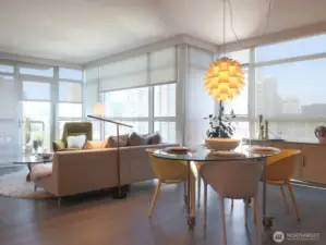 Updated engineered hardwood flooring through the living space.