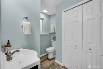 A well-dressed three quarter bath on the lower level.
