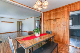 Access the kitchen through the dining room.