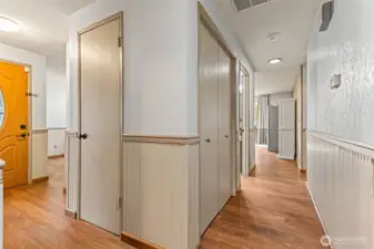 Front door to the left. Furnace in closet