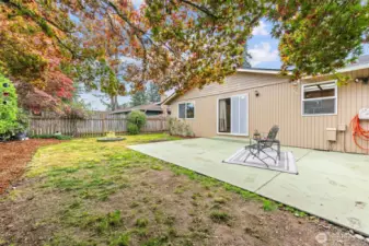 Large patio in fully fenced backyard