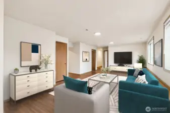 Nice lower level bonus room with plenty of options for seating- could also be a play area for kids, workout room, hobby area?