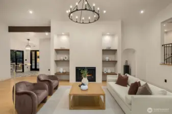 Cozy up to the striking clay fireplace