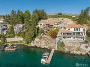 Aerial view of very private Tuscan-inspired Lake Chelan waterfront estate on the coveted North Shore.