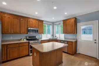 sink overlooks the backyard and door to the back patio