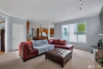 living room looks out to the private backyard