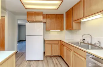 Open kitchen with lots of counter space.