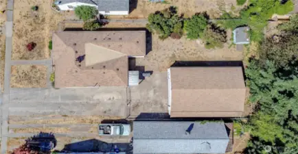 Overhead view of house and enormous garage!
