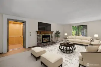 Virtually Staged- Living Room with Elevator Access
