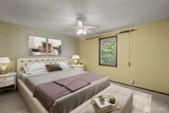 Virtually Staged- Spacious Primary Bedroom with Ceiling Fan and Attached Bathroom