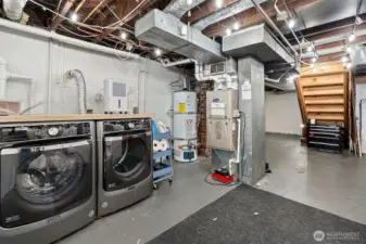 Laundry and storage area in basement