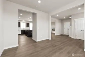 Easy access from dining room into kitchen; Colors, finishes, and options will vary.