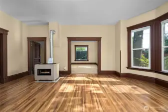 The lower unit has 10 foot ceilings and beautiful woodwork throughout.
